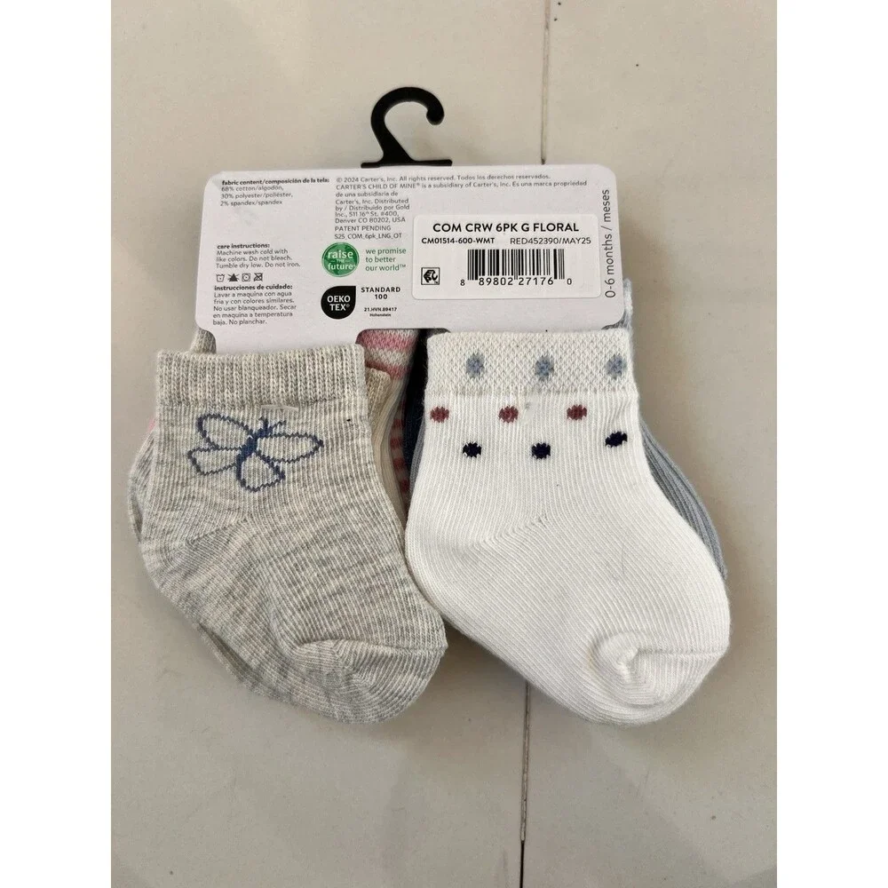 Carter's Newborn Baby Girls 6 pack Floral Crew Cuffed Socks NEW 0-6 Months